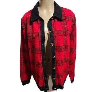 Eccobay Y2K Red & Black Metallic Thread Plaid Sweater Cardigan Women Sz L  S4